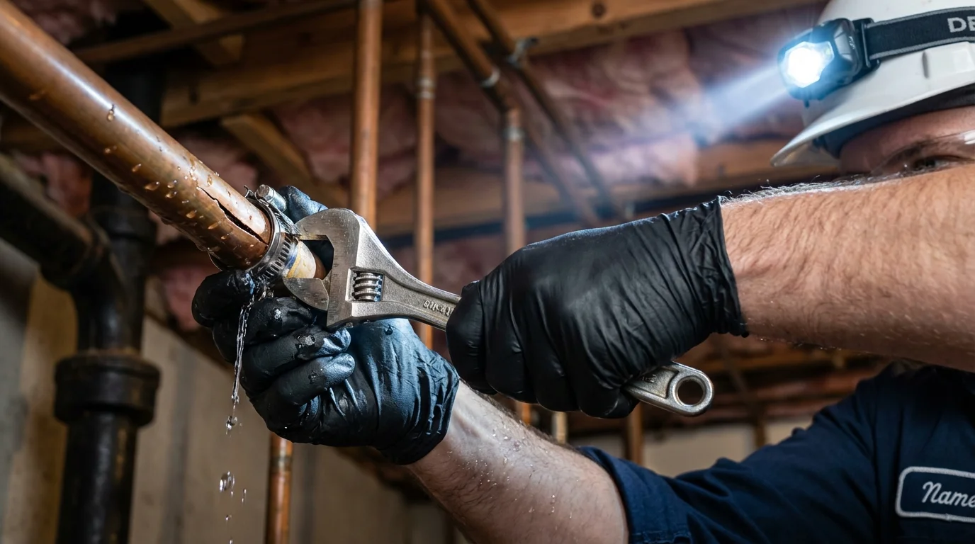 Emergency pipe clamp repair being performed by a Johns Plumbing LLC plumber in Hyrum