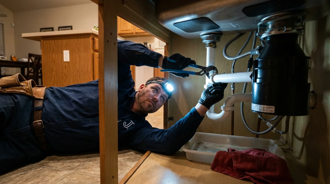 P-trap and supply line connections under a kitchen sink showing a common leak point in Hyrum, UT